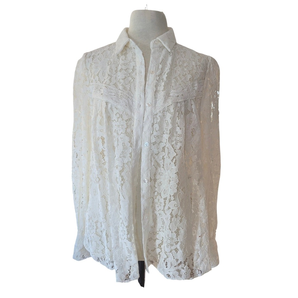 Calligraphie Ivory Floral Lace Button Down Shirt M Cottagecore Romantic Flowy